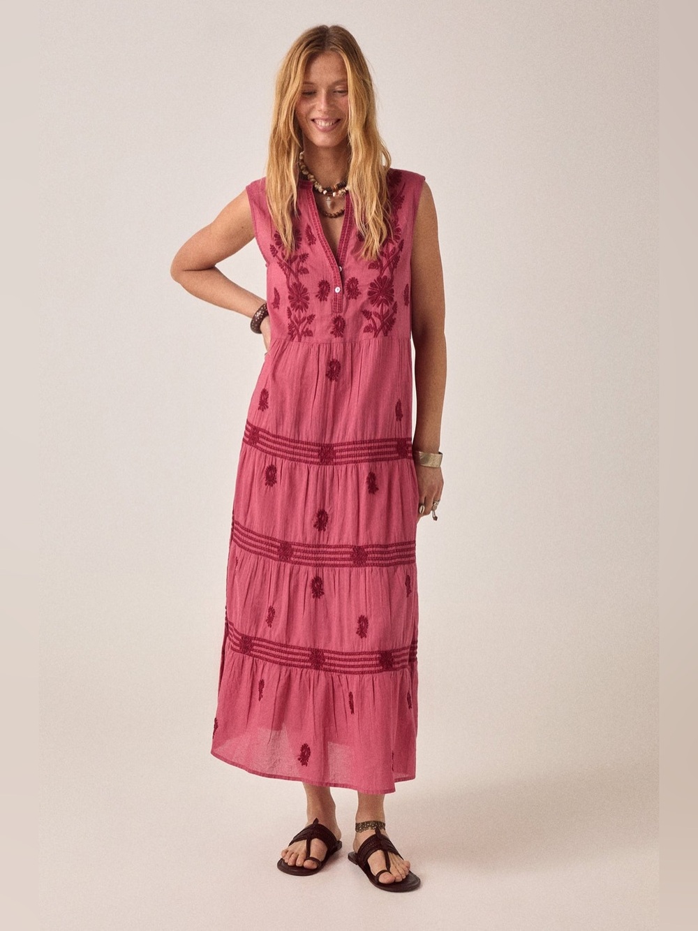 Maison Hotel Lili Sleeveless Maxi Dress Clavel Framboise Embroidered XL